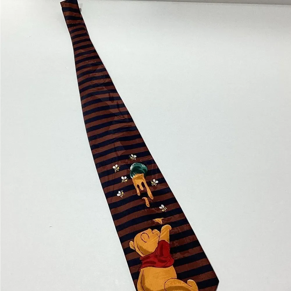Winnie the Pooh Bear Striped Tie Honey Bees Navy Brown Stripe Print Classic